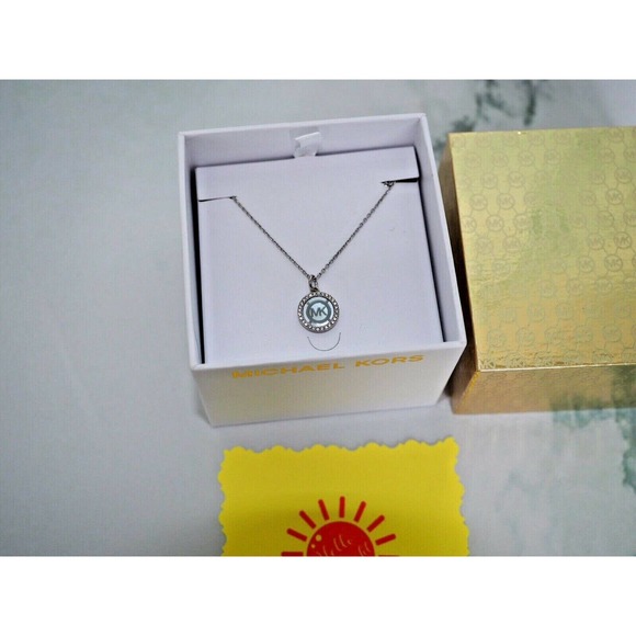 Michael Kors Iconic Cut-Out MK Logo w/ Crystals Pendant Necklace Silver New Tg - Picture 1 of 8